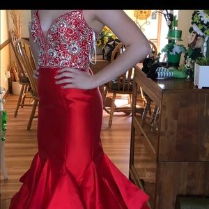 Red Jovani Spaghetti Embellished Beaded Gown Dress